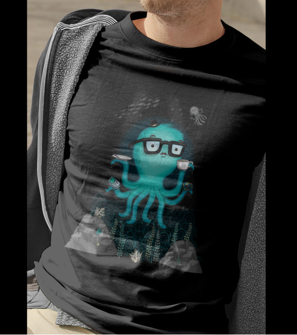 Nerdtopus Octopus With Glasses Holding Coffee And Rubik's Cube T-Shirt