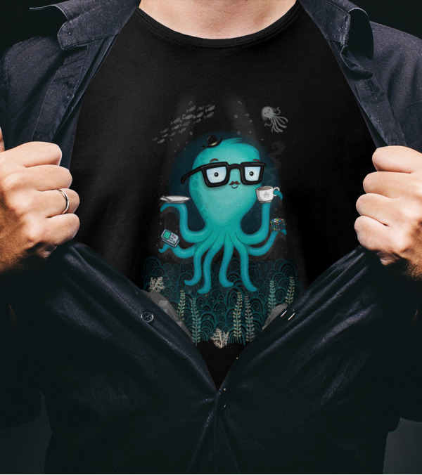 Nerdtopus Octopus With Glasses Holding Coffee And Rubik's Cube T-Shirt