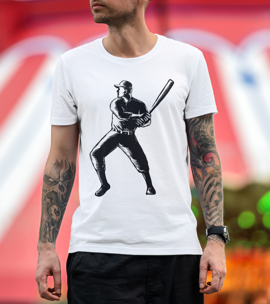 Baseball Player Batting Woodcut T-Shirt