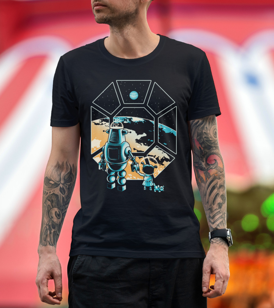 Intergalactic Adventure with Robot and Child in Space Window T-Shirt
