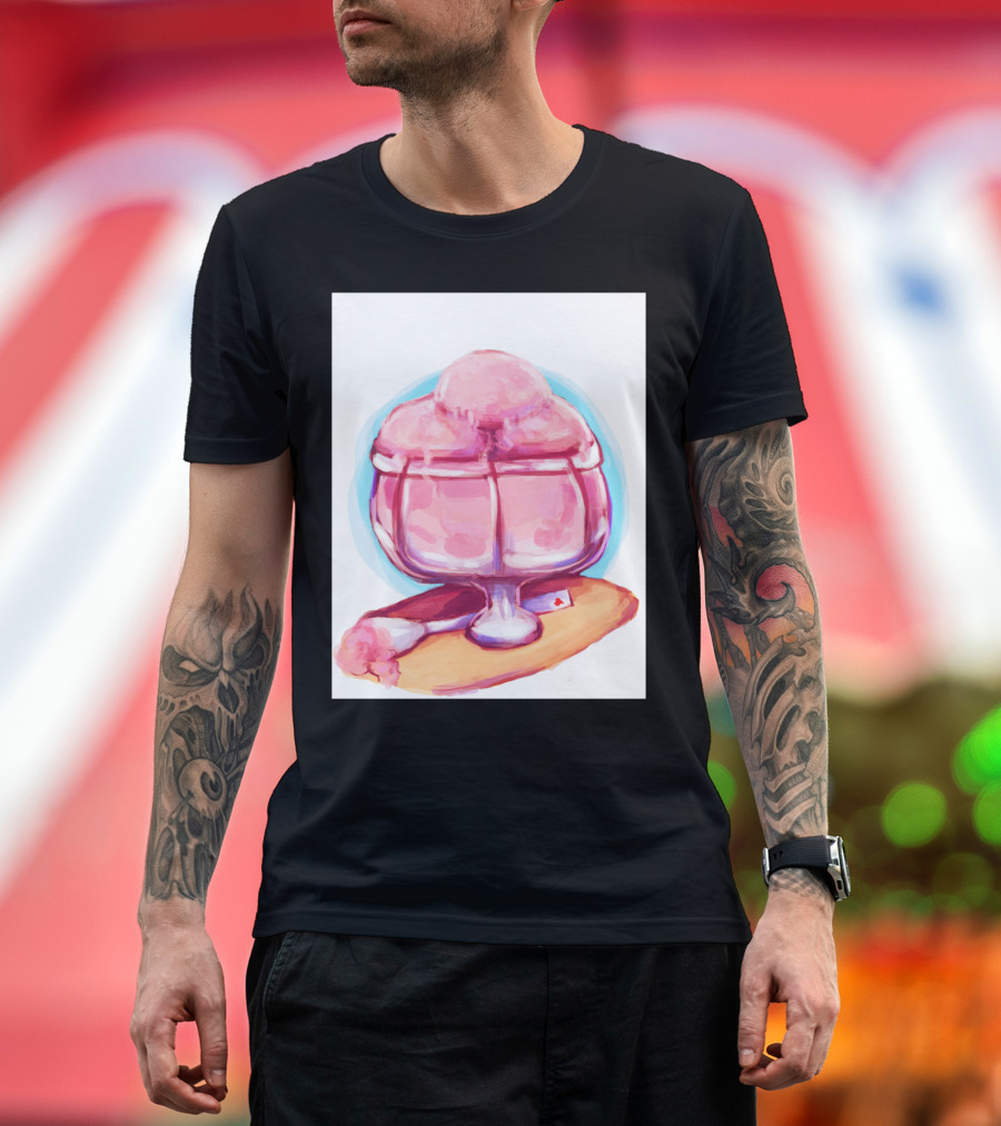 Raspberry Sorbet Ice Cream in Glass Bowl with Playing Card on Tray T-Shirt