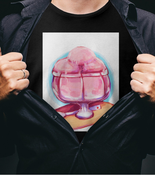 Raspberry Sorbet Ice Cream In Glass Bowl With Playing Card On Tray T-Shirt