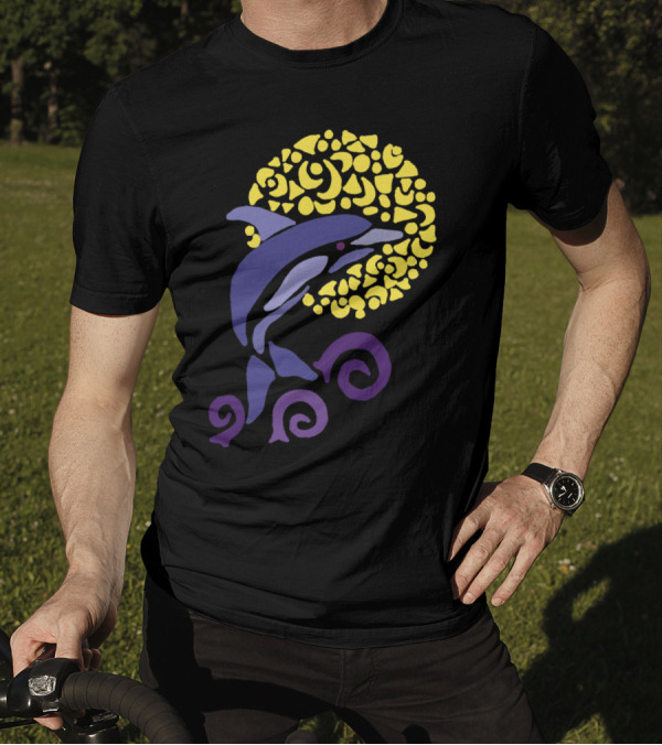Cool Artistic Leaping Dolphins In The Moonlit Night T-Shirt