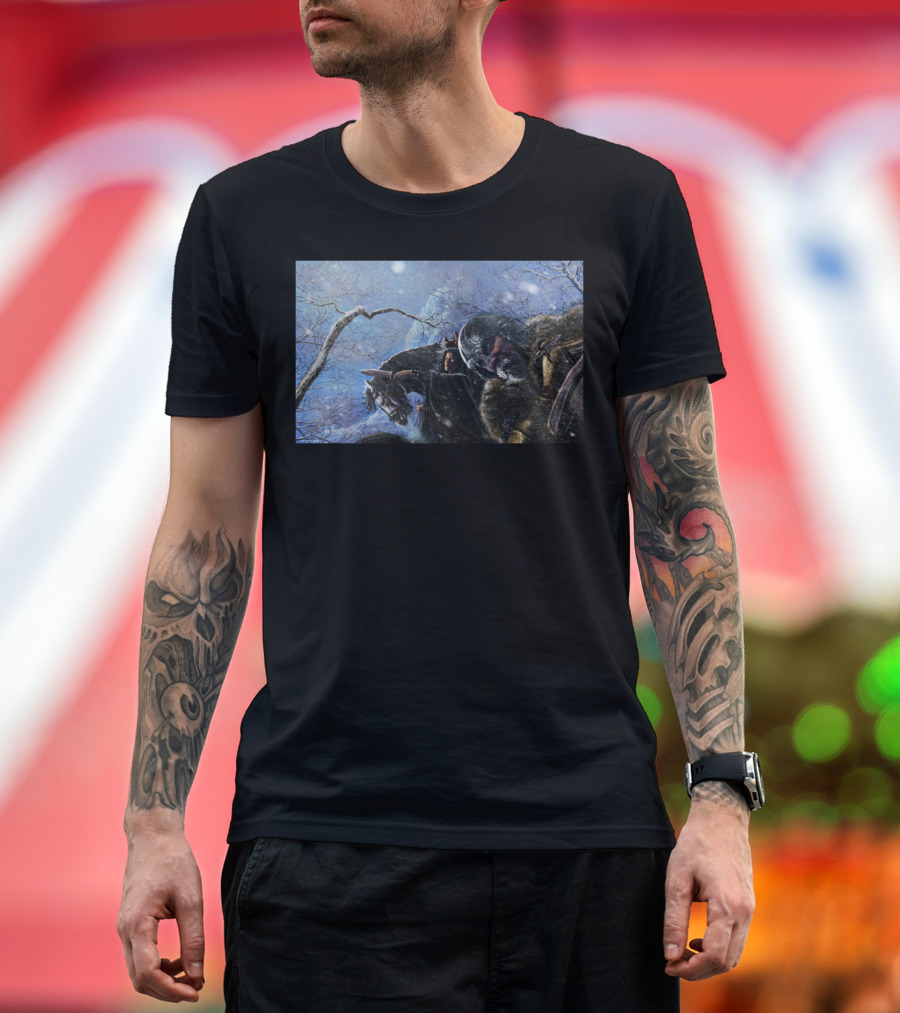 Viking Storm in Snowy Battle Scene with Warriors and Horses T-Shirt