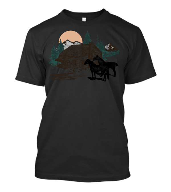 Cabin In The Woods Horses Forest Scene T-Shirt