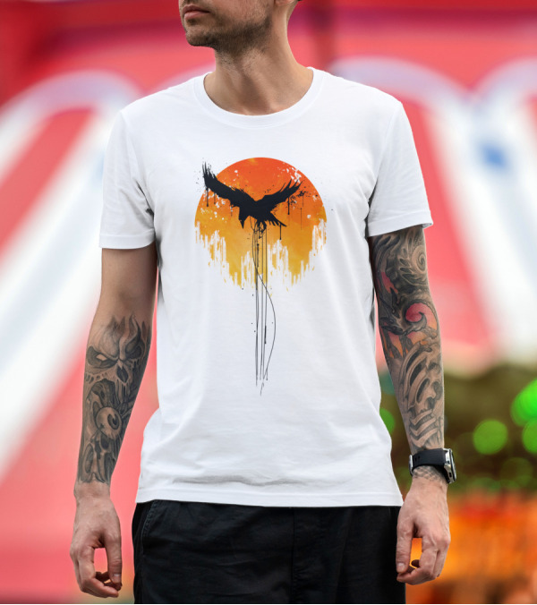 Premium T-Shirt: Raven Rises in Orange Sunset Skyline T-Shirt Raven Rises in Orange Sunset Skyline T-Shirt