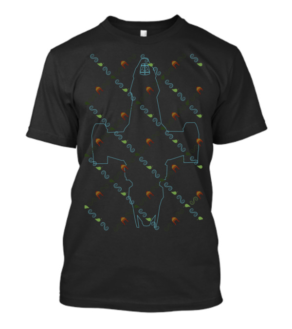 A Shiny Argyle Spaceship Outline With Spirals And Orange Highlights T-Shirt