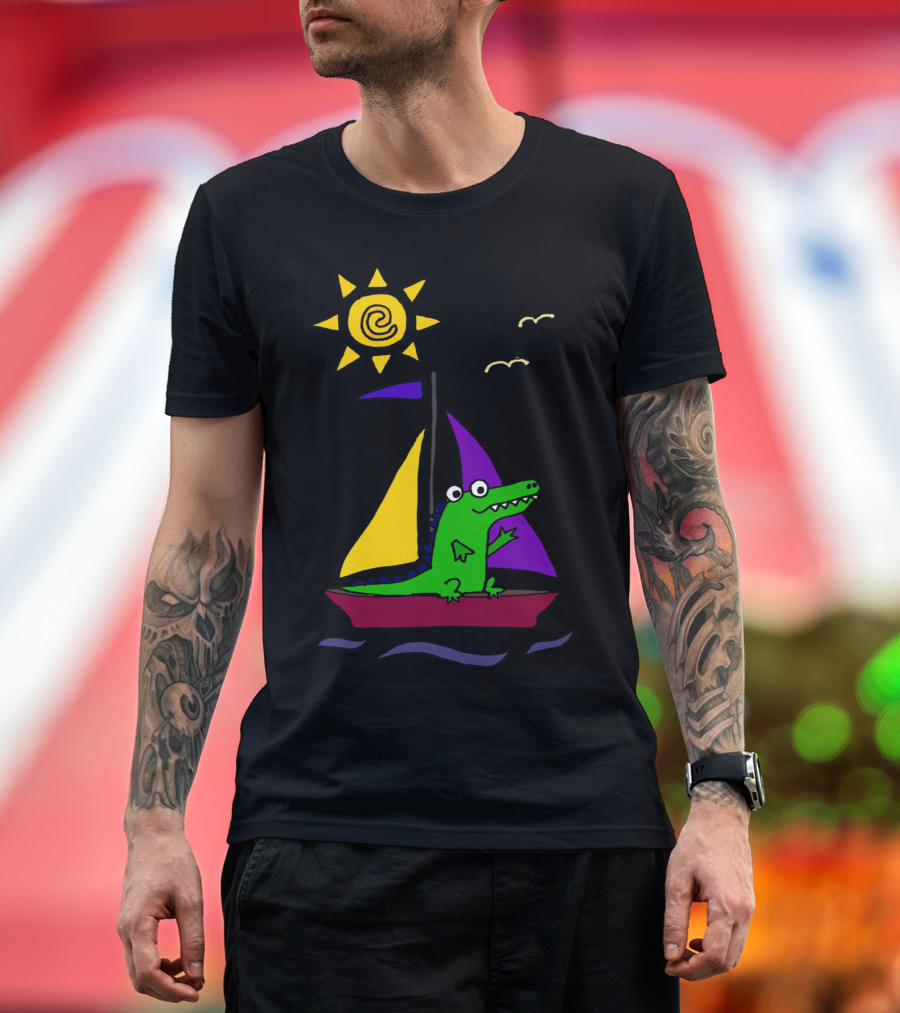 Cool Funny Alligator on Colorful Sailboat Under Shining Sun T-Shirt