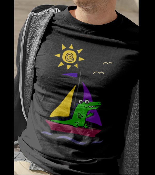 Cool Funny Alligator On Colorful Sailboat Under Shining Sun T-Shirt