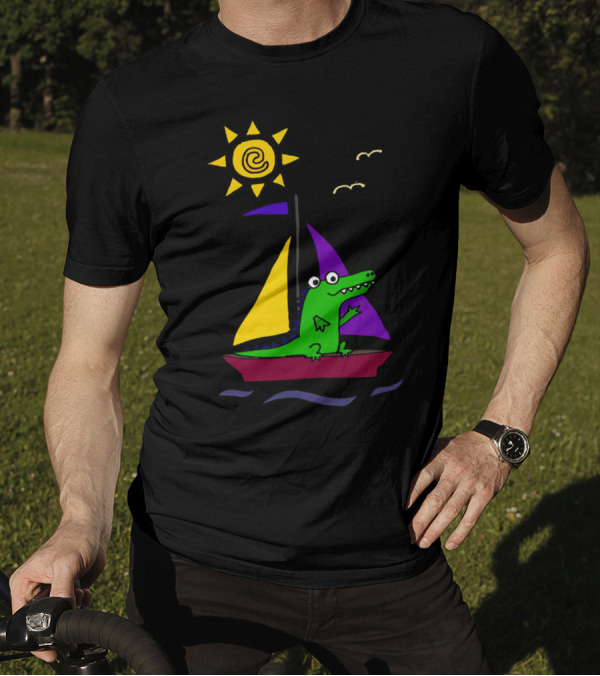 Cool Funny Alligator On Colorful Sailboat Under Shining Sun T-Shirt