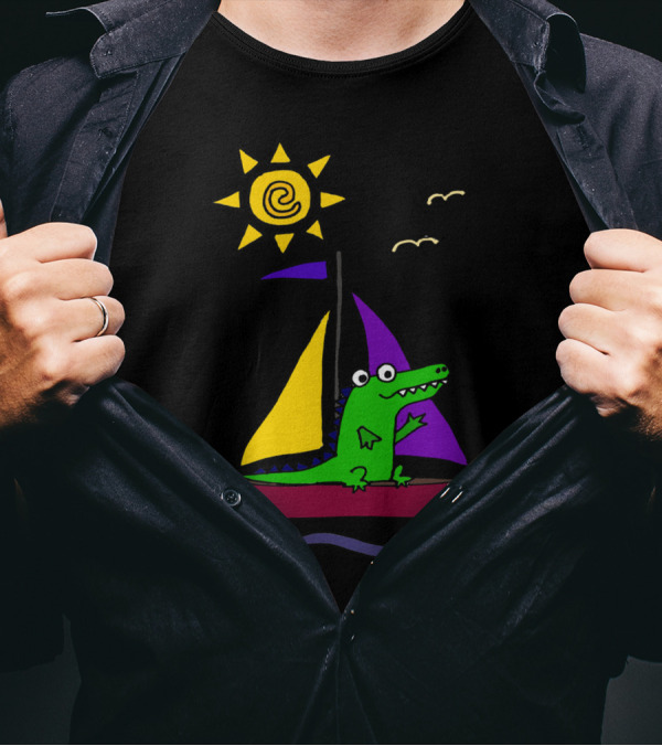 Cool Funny Alligator On Colorful Sailboat Under Shining Sun T-Shirt