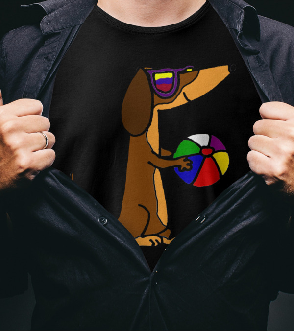 Cool Dachshund Beach Vibes With Sunglasses And Colorful Ball T-Shirt
