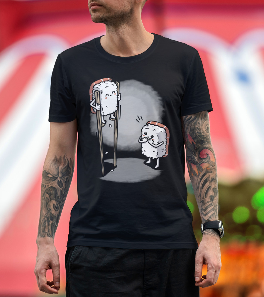 Sushi Balancing on Chopsticks with Cute Rice Character Watching T-Shirt