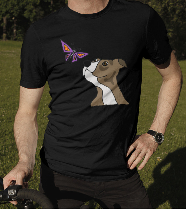 Cool Funny Grey Pitbull Puppy Dog And Butterfly Pizza T-Shirt