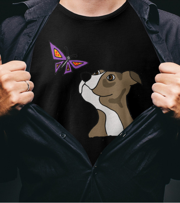 Cool Funny Grey Pitbull Puppy Dog And Butterfly Pizza T-Shirt