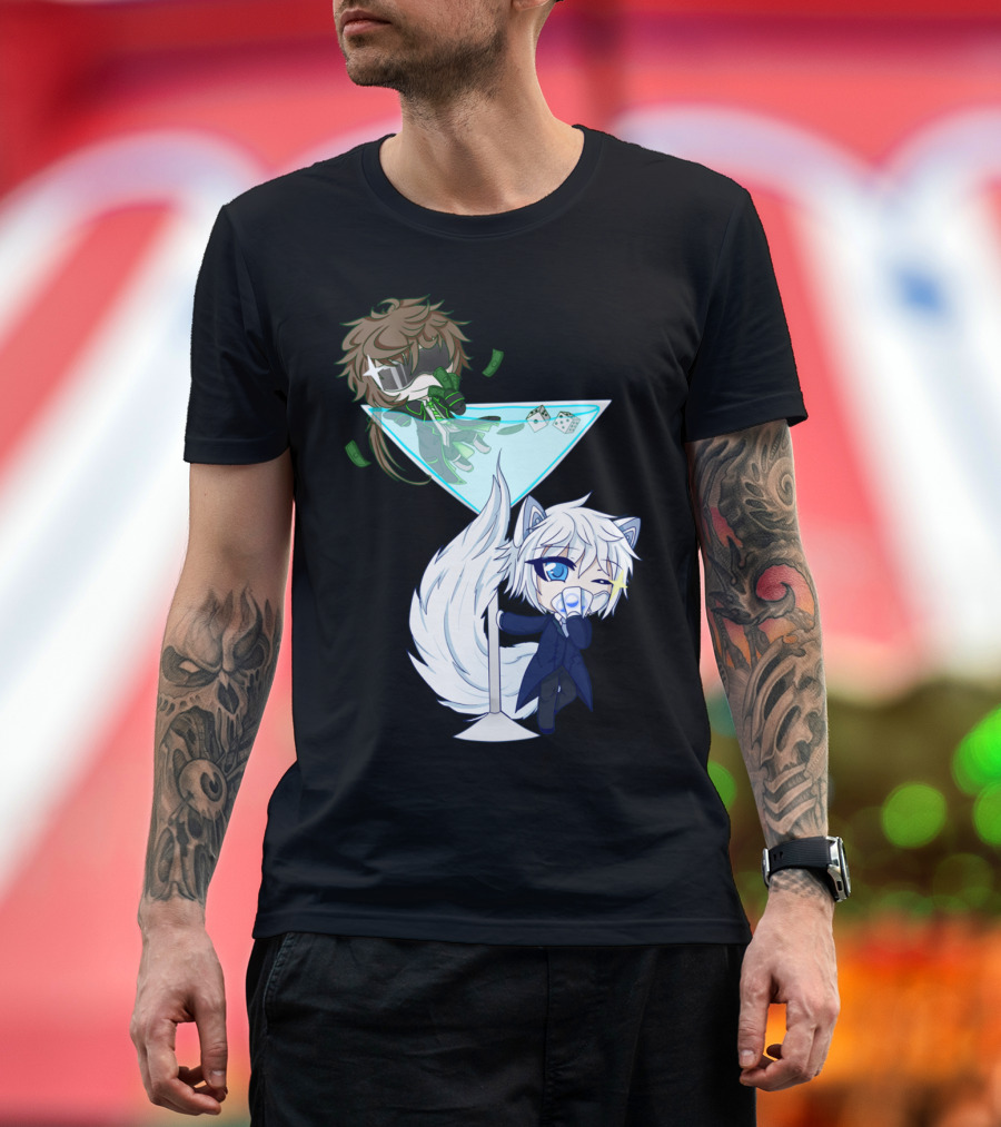 Dice X Ace Chibi Characters in Martini Glass with Dice and Money T-Shirt