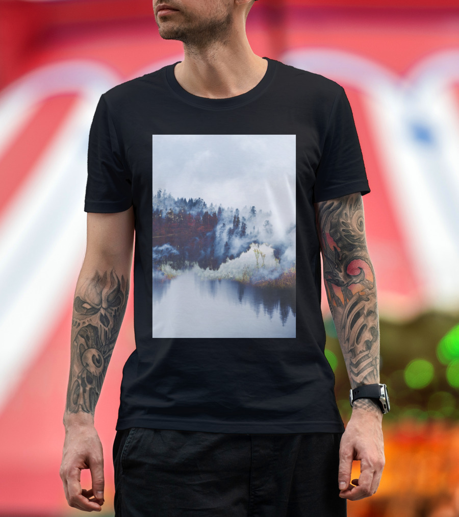 Foggy Forest Reflection in Misty Landscape T-Shirt