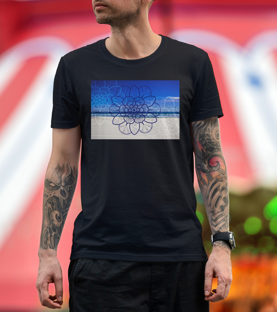 Mandala Flower Art on Bondi Beach Ocean Blue Background T-Shirt