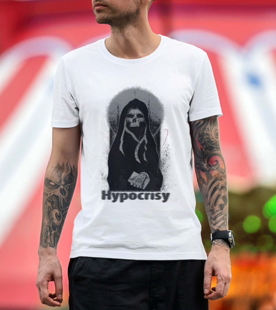 Hypocrisy Grim Reaper Holding Bible with Cross Halo T-Shirt