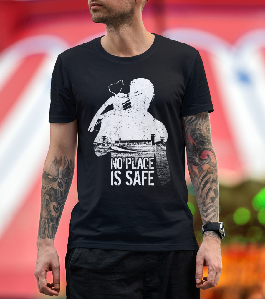 No Place Is Safe Zombie Survivor Holding Weapon and Prison Complex T-Shirt