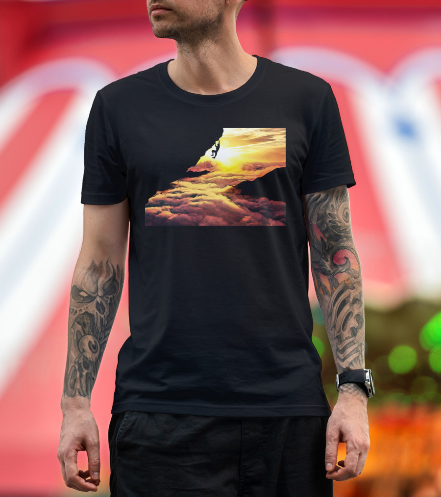 Extreme Climber Silhouette Against Vibrant Sunset and Clouds T-Shirt