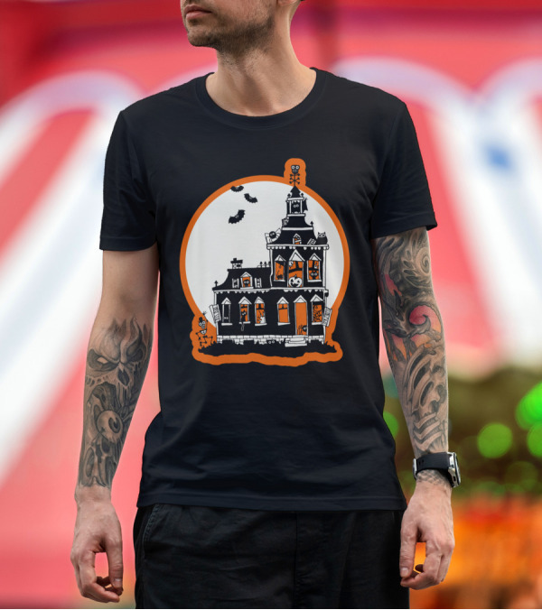Premium T-Shirt: Vintage Style Happy Haunted House with Bats and Pumpkins T-Shirt Vintage Style Happy Haunted House with Bats and Pumpkins T-Shirt