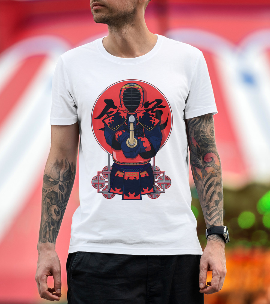 Kendo Martial Arts Warrior in Traditional Armor with Red Japanese Calligraphy Background T-Shirt