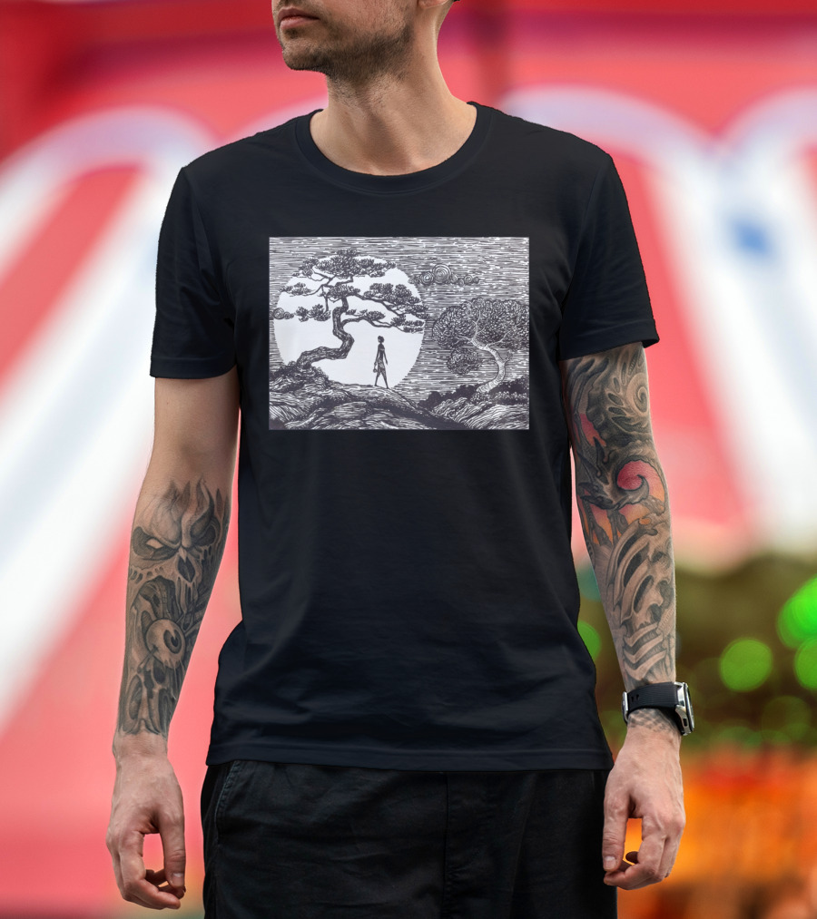 Abhisarika Lone Wanderer Under Tree and Moonlit Clouds T-Shirt