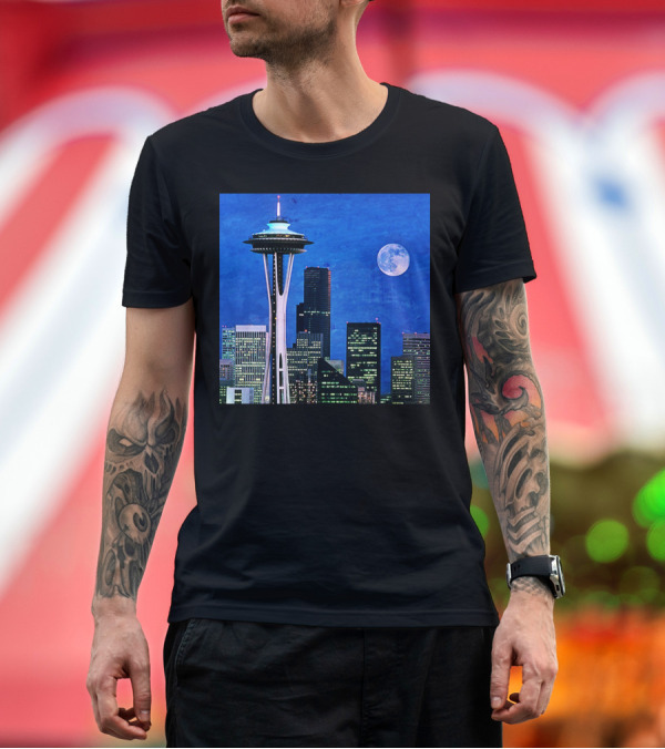 Premium T-Shirt: Seattle Space Needle Skyline Blue Night Moon T-Shirt Seattle Space Needle Skyline Blue Night Moon T-Shirt