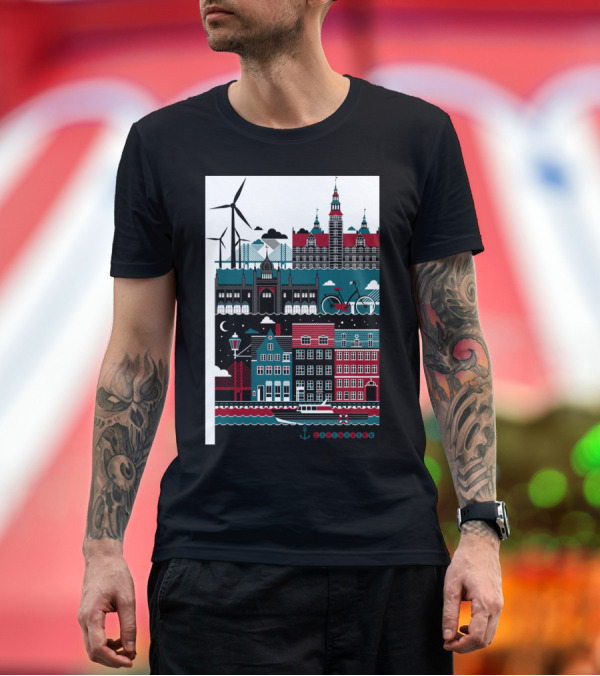Premium T-Shirt: Copenhagen Windmills Bike and Buildings Coastal Night Scene T-Shirt Copenhagen Windmills Bike and Buildings Coastal Night Scene T-Shirt