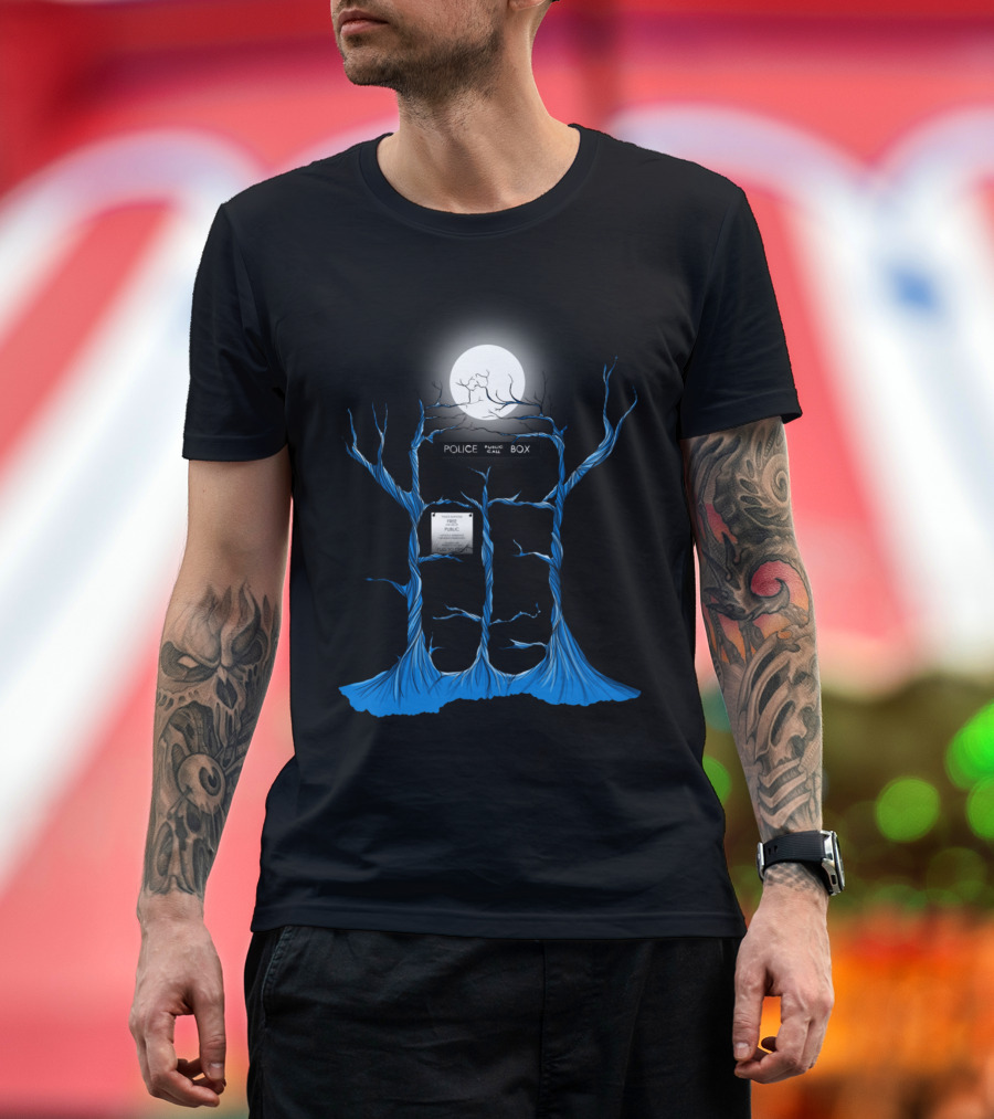 TARDIS Blue Trees Police Public Call Box Moonlight Forest T-Shirt