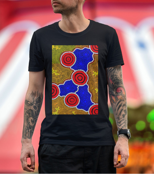Premium T-Shirt: Aboriginal Art Authentic Circles Red Blue Yellow T-Shirt Aboriginal Art Authentic Circles Red Blue Yellow T-Shirt