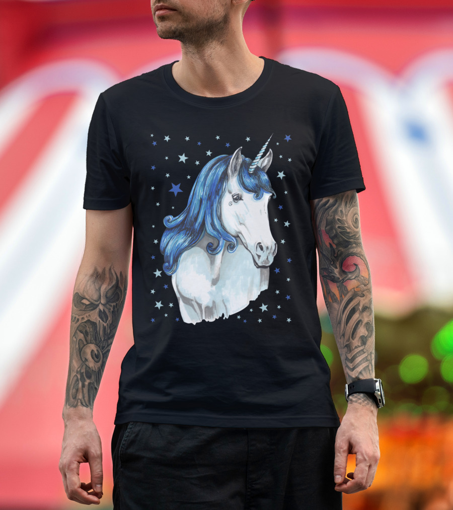 Blue Unicorn with Starry Night Sky T-Shirt