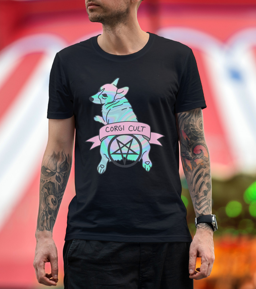 Corgi Cult Witchy Dog Hologram Pentagram 90s T-Shirt