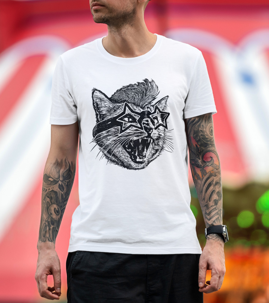 Angry Cat Star Glasses Roaring Feline T-Shirt