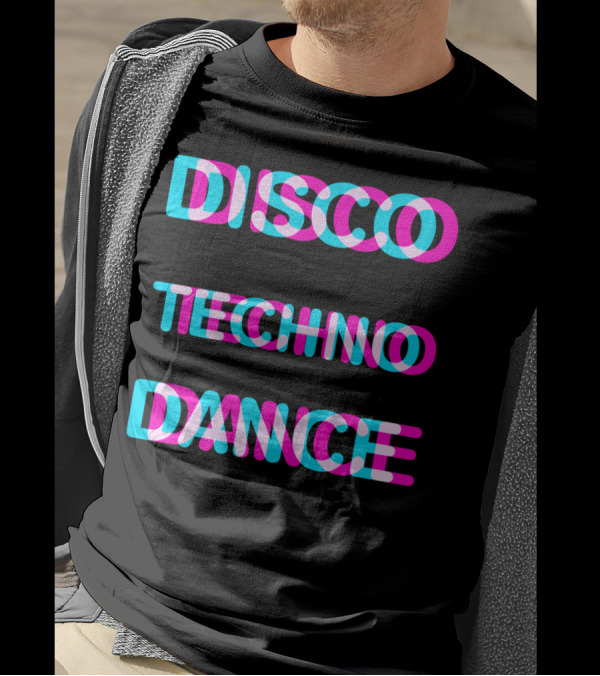 Disco Techno Dance Block Retro Vibrant Text Overlap T-Shirt