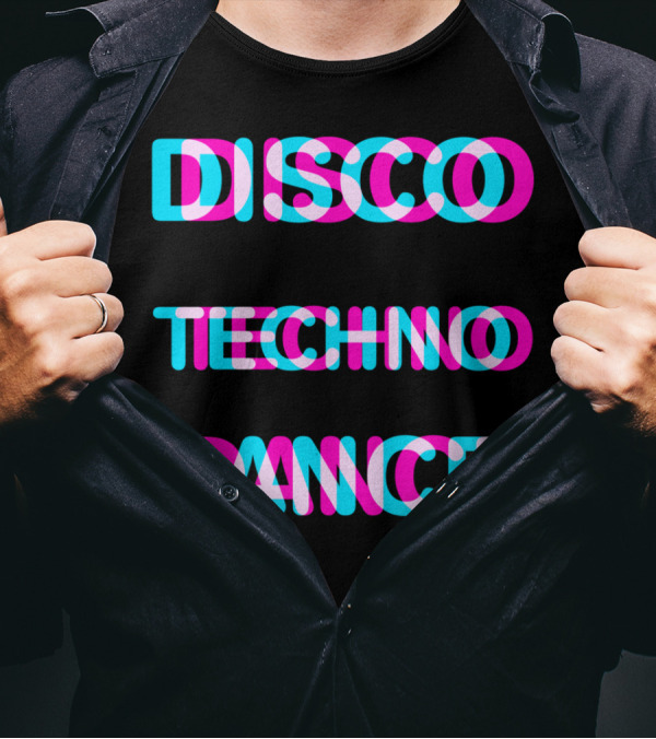Disco Techno Dance Block Retro Vibrant Text Overlap T-Shirt