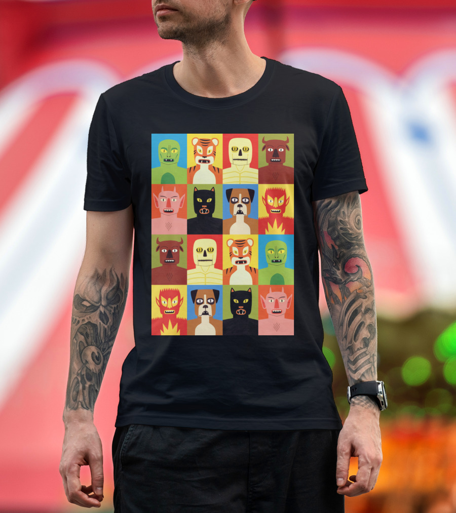 Animen Cartoon Block Pattern with Colorful Animal Masks and Faces T-Shirt