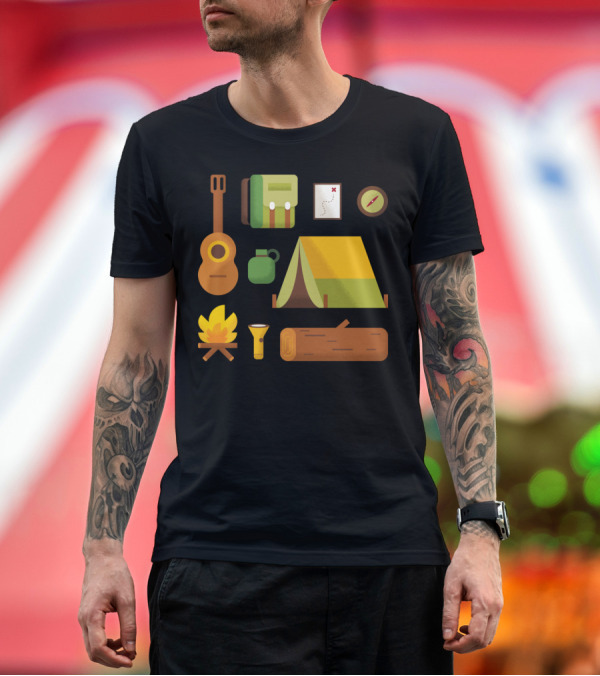 Premium T-Shirt: Camping Essentials Guitar Backpack Tent Map Compass Campfire Flashlight Log T-Shirt Camping Essentials Guitar Backpack Tent Map Compass Campfire Flashlight Log T-Shirt