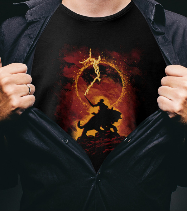 I Have The Power He-Man And Battle Cat Iconic Silhouette Against Fiery Cosmic Backdrop T-Shirt