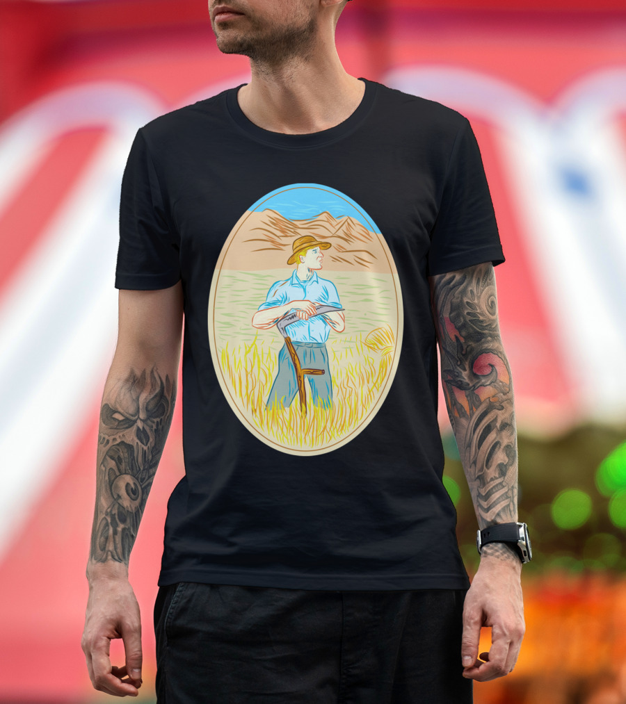 Wheat Organic Farmer Scythe Oval Vintage T-Shirt