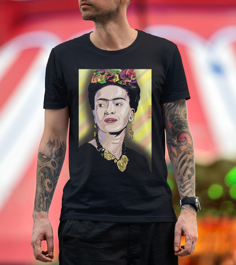Frida Colorful Portrait with Floral Headpiece and Bold Jewelry T-Shirt