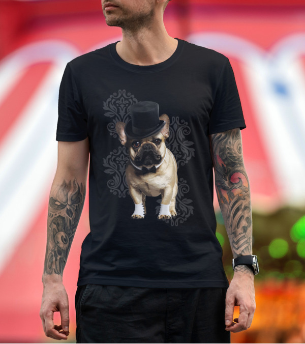 Premium T-Shirt: Dog Dandy French Bulldog Black Top Hat Bow Tie T-Shirt Dog Dandy French Bulldog Black Top Hat Bow Tie T-Shirt