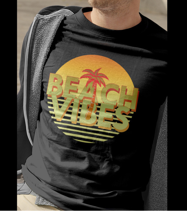 Beach Vibes Palm Tree Sunset Stripes Retro T-Shirt