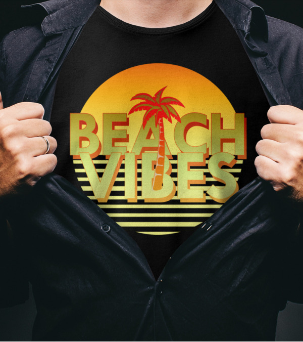 Beach Vibes Palm Tree Sunset Stripes Retro T-Shirt