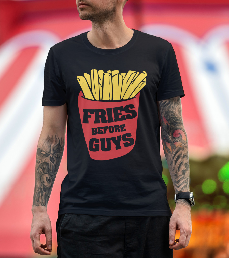 Fries Before Guys Feminist Fast Food Iconic Phrase Red French Fry Container T-Shirt