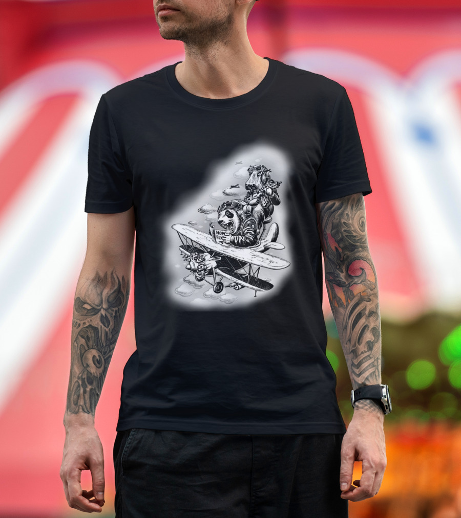 CRASH COURSE HOW TO FLY PILOT PANDA AND DOG IN VINTAGE PLANE T-Shirt