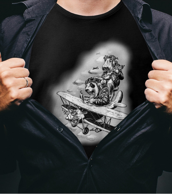 CRASH COURSE HOW TO FLY PILOT PANDA AND DOG IN VINTAGE PLANE T-Shirt