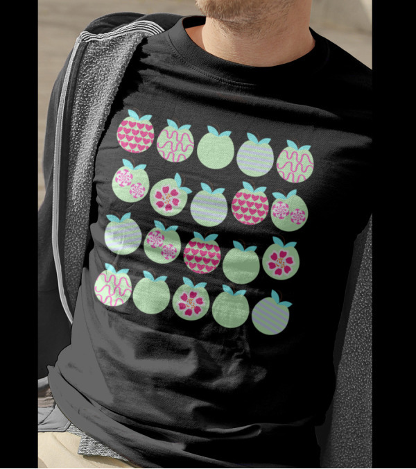 Apples Hearts Flowers Stripes Patterns On Pastel Green Circles T-Shirt