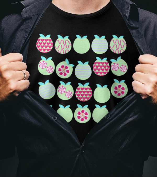 Apples Hearts Flowers Stripes Patterns On Pastel Green Circles T-Shirt